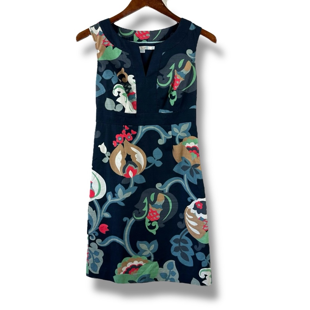 Boden Size 2 Petite Sleeveless Floral Sheath Dress Navy Blue Paisley Knee Length